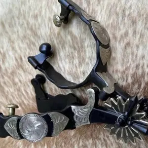Pair Adult Size Black Steel Western Jingle Bob Spurs Engraved Silver Accents