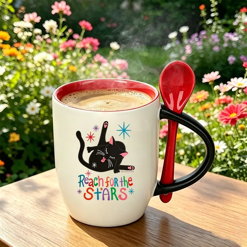 1pc Funny Cat Butt Color Changing Mug Reach for the Starts, With Coffee Spoon, Quirky Black Kitty Ceramic Coffee Cup, Sarcastic Cat Mom Gift, Cheeky Office Drinkware