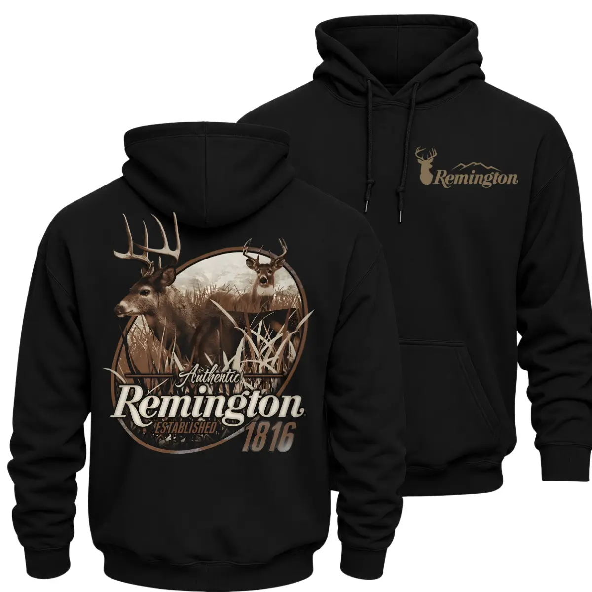 Remington Deer Hunting Hoodie, Outdoor Whitetail Buck Graphic Hoodie, Deer In Marsh Grass Vintage Back Print, Front Chest Logo And Large Back Print Hoodie, Black Hunting Season Outfit Gift For Men And Women