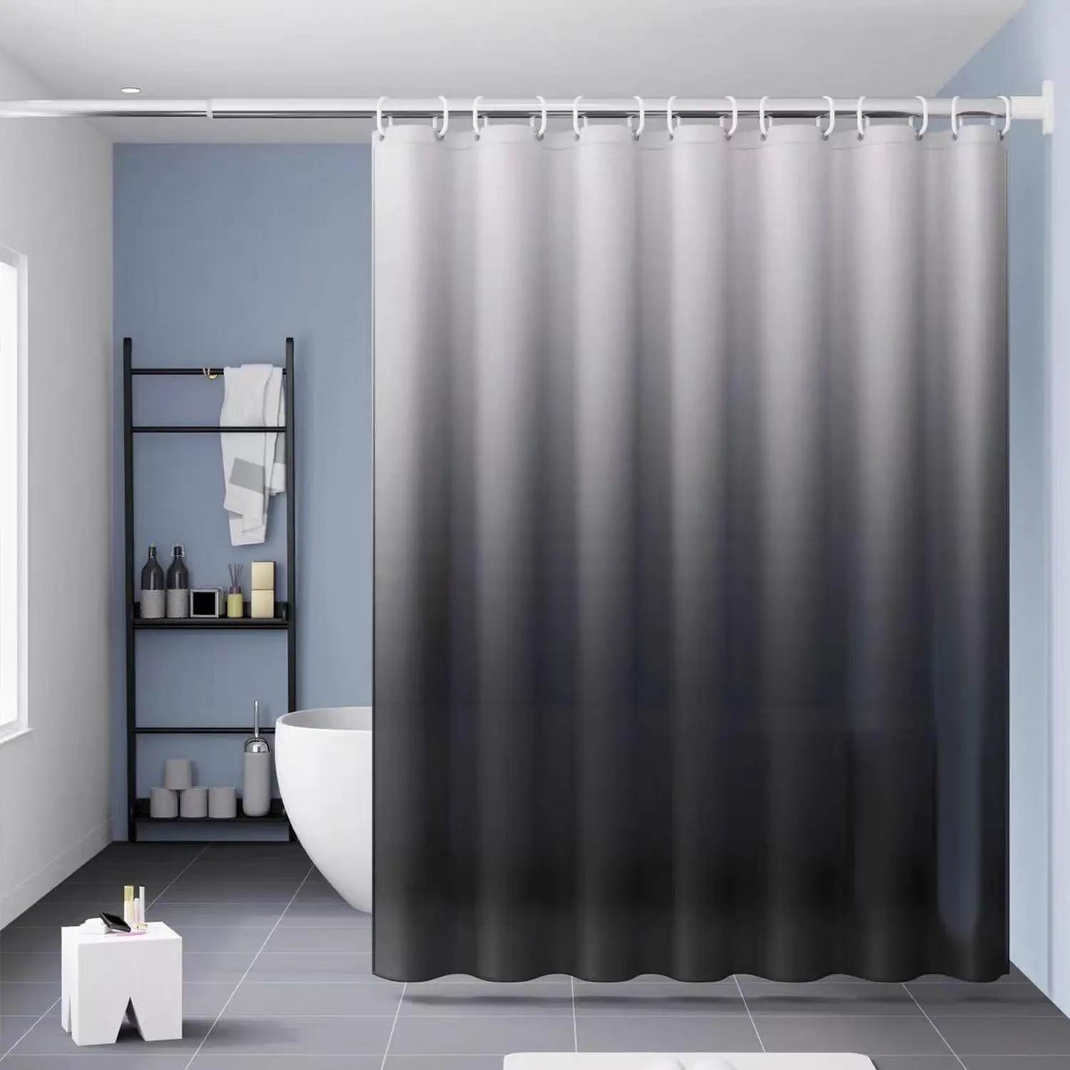 Gradient Gray Bathroom Curtain with 12pcs Hooks, 1 Count Modern Simple Bathroom Curtain, Bathroom Decoration Accessories for Home Hotel Salon Dormitory Decor, Shower Curtain Liner, Bathroom Curtains Shower