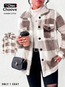 Women's Plaid Fleece Jacket Coat, Front Button Closure, Pockets, Loose Fit, Casual Fall & Winter Outerwear, Comfortable and Stylish