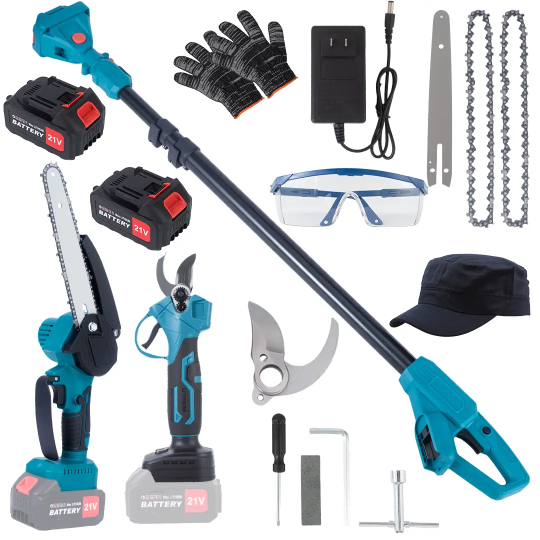 21V Lithium Battery Powered 3-in-1 Cordless Chainsaw Kit - Pole Saw with Adjustable Extension Pole, Mini Chainsaw, Pruning Shears with Double Safety Protection, for Tree Trimming, Garden Pruning, Cordless Pole Saw