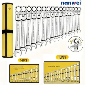 14/16pcs Flex-Head Ratchet Wrench Set, 6-22mm, 72 Teeth, Cr-V Constructed Combination Ended Span Kit with With Rolling Pouch Multifunctional Socket