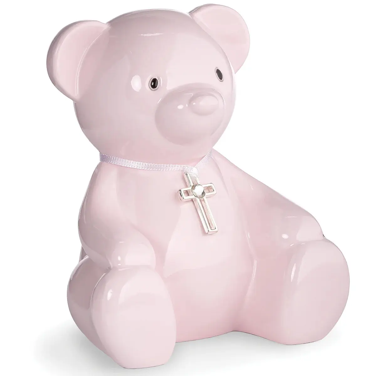Caroline Collection Glossy Ceramic Piggy Bank with Cross Pendant, Satin Ribbon & Coin Slot - Pink, Decoration, Room Decorations, Kids' Gift, Silver Cross Pendant