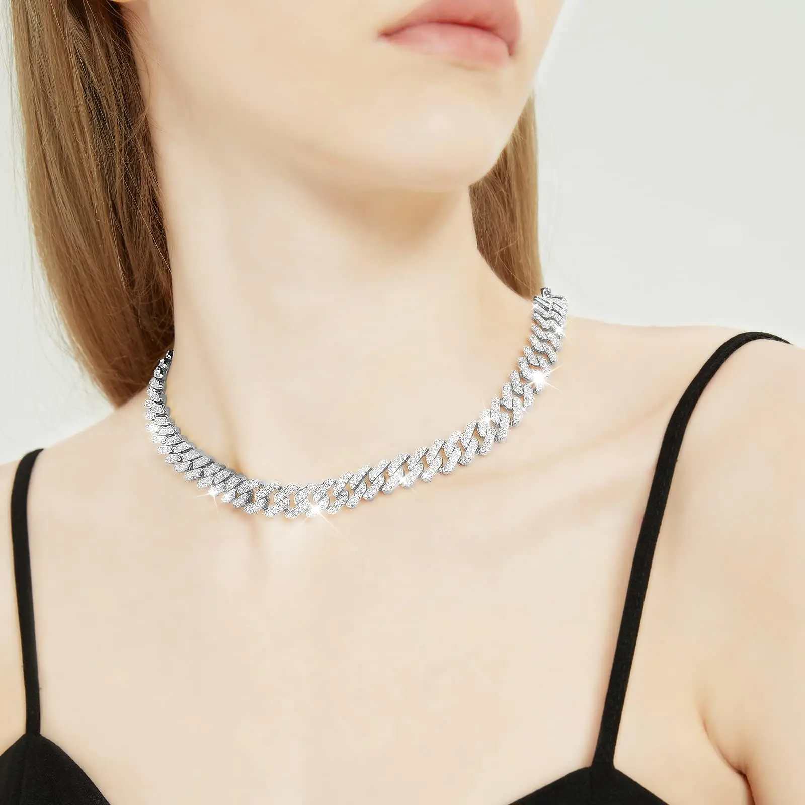 Unisex Iced Out Silver Miami Cuban Link Chain, Bling Diamond Hip Hop Jewelry for Party Gifts