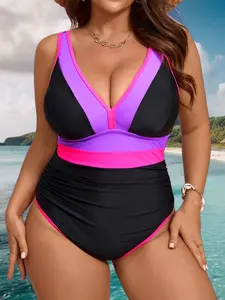 New Plus Size Solid Color V-Neck One-Piece Bikini Swimsuit, Tummy Control Swimsuit, Beachwear, All-In-One Swimwear, Comfortable & Stylish Bathing Suit