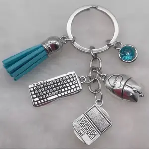 Office Assistant Secretary Appreciation Day Charm Keychain with Blue Tassel, Silver Design, and Various Charms Including Keyboard and Mouse keychains women trendy keychain summer style girl car live keychains