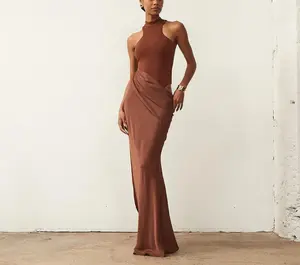 New Women's Dress Round Neck Sleeveless Bodycon Patchwork Long Dress Fashion Hollow Out skim  slounge  dress