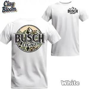 Camo Mountain Silhouette Graphic Shirt - Busch Light Inspired Beer Apparel - Double Sided Premium Cotton Shirt - Hunting & Fishing Apparel - Cool Gift for Beer Lovers - By Clay Bloom graphic tees