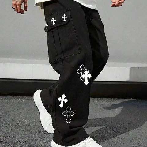 Men’s Oversized Baggy Wide-Leg Cargo Pants - Cross Print, Multiple Side Pockets, Stylish Gothic Y2K Street Wear, Fashion Streetwear Bottoms, All Season Black Casual Work Trousers