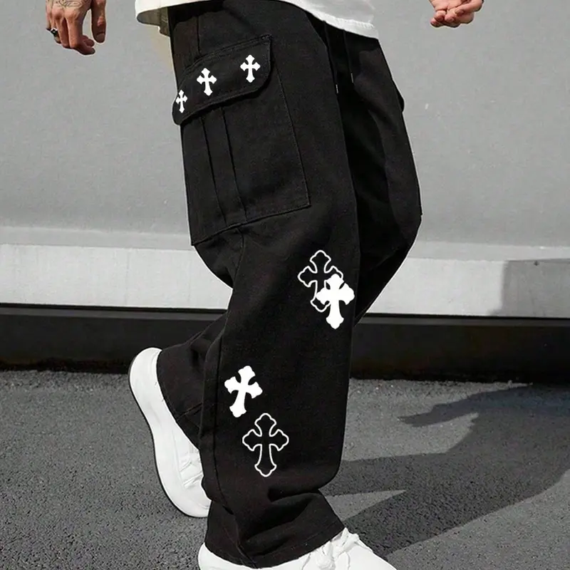 Men’s Oversized Baggy Wide-Leg Cargo Pants - Cross Print, Multiple Side Pockets, Stylish Gothic Y2K Street Wear, Fashion Streetwear Bottoms, All Season Black Casual Work Trousers