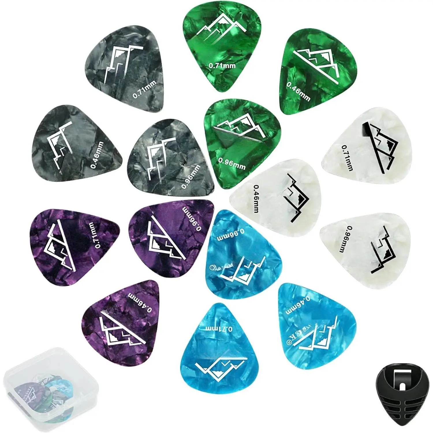 15 count Guitar Pick Set with Organizer Box & Guitar Pick Holder, in 3 Thickness:Thin,Medium&Heavy,Suitable for Acoustic ,Electric Guitar,Bass,Ukulele. for Guitar,Bassplayer