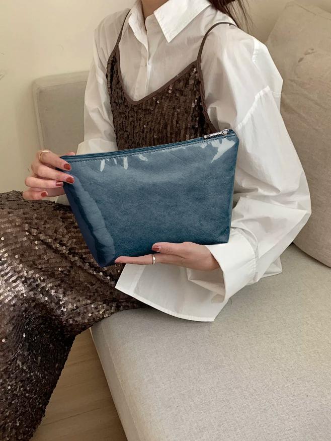 KALIDI PVC Zipper Tote Cosmetic Bag, Jelly Kraft Paper Waterproof Toiletry Pouch Large Capacity Carry All Travel Makeup Organizer Plastic Shoulder Storage Bag
