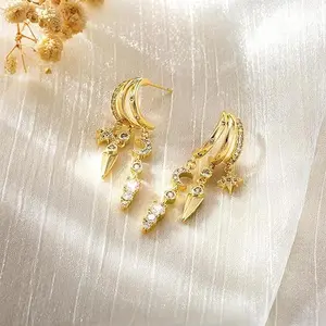 Dangle Earrings For Women,Dainty 14K Gold Plated Hypoallergenic Small Triple Huggie Hoop Earring Gothic Cute Cross Moon Star Drop Earrings For Women Trendy Gold Statement Stud Earring Jewelry