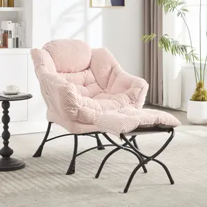 Lazy Chair with Ottoman, Modern Lounge Accent Chair with Armrests and a Side Pocket, Leisure Upholstered Sofa Chair Reading Chair with Footrest for Small Space, Corner Chair-Pink
