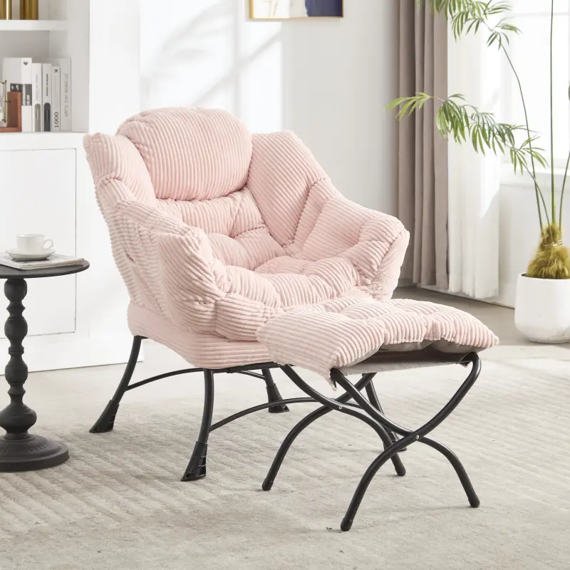 Pink Modern 2-in-1 Dual-Multi-Use Lounge Chair with Ottoman Seat, Curved Back, Side Arms, Side Pocket, Ergonomic Soft Fabric Upholstery, 27.52in W x 25.20in D x 37.40in H Comfortable Armchair for Living Room, Lounge Chairs, Comfortable Chairs
