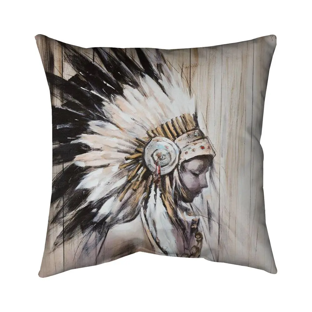 360 Stand 26x26 in. Poly Twill Fabric Throw with Indian Chief Headdress Feather Print, Figurative Chief Portrait Home Decor, Unique Artwork, Indigenous-Inspired Standard Pillows