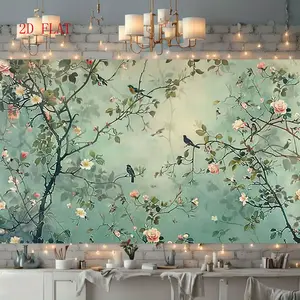 Psychedelic Garden Large Size Party Backdrop - Birds, Green and Green Design, Light Green Polyester Background, Perfect for Photo Booths, Birthdays, Anniversaries and Holiday Decorations, Easy to Use Indoors and Outdoors, Holiday Decoration |   Natural sc