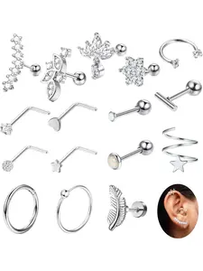 16 Pcs Silvery Glitter Assorted Stainless Steel Cartilage Earring Hoops Studs for Women Men Brilliant CZ Helix Ear Rings Rook Daith Conch Tragus Earrings L Shape Nostril Rings Refined Stud Ear Piercing Jewelry Collection Unisex Piercing Set Trendy Design