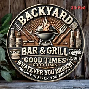 [2D Flat] Backyard Bar & Grill Vintage Round Aluminum Sign – 2D Flat Print, 1pc, BBQ & Beer Theme, Ideal for Home Bar, Patio, or Cabin Decor, Perfect Gift for Housewarming, Singles Parties, and Anniversaries, Housewarming Gift |   Vintage Bar Sign