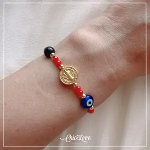 Divine Protection Bracelet – Red String with Evil Eye, Saint Benedict & Black Tourmaline