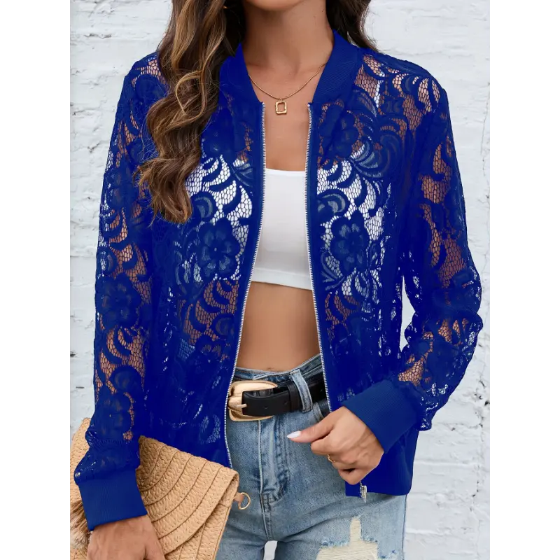 Elegant Women's Blue Lace Jacket - Casual Zip-Up with Floral Patterns, Long Sleeves, Lightweight Polyester Blend,fumi puffer jacket Tops Collar Fabric