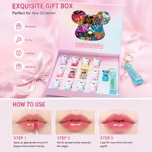 Cute bear-shaped Christmas lip gloss collection with 12 shades. Hydrating formula cares dry lips, easy to apply. Equipped with exquisite box and ornament, perfect heartfelt holiday gift.