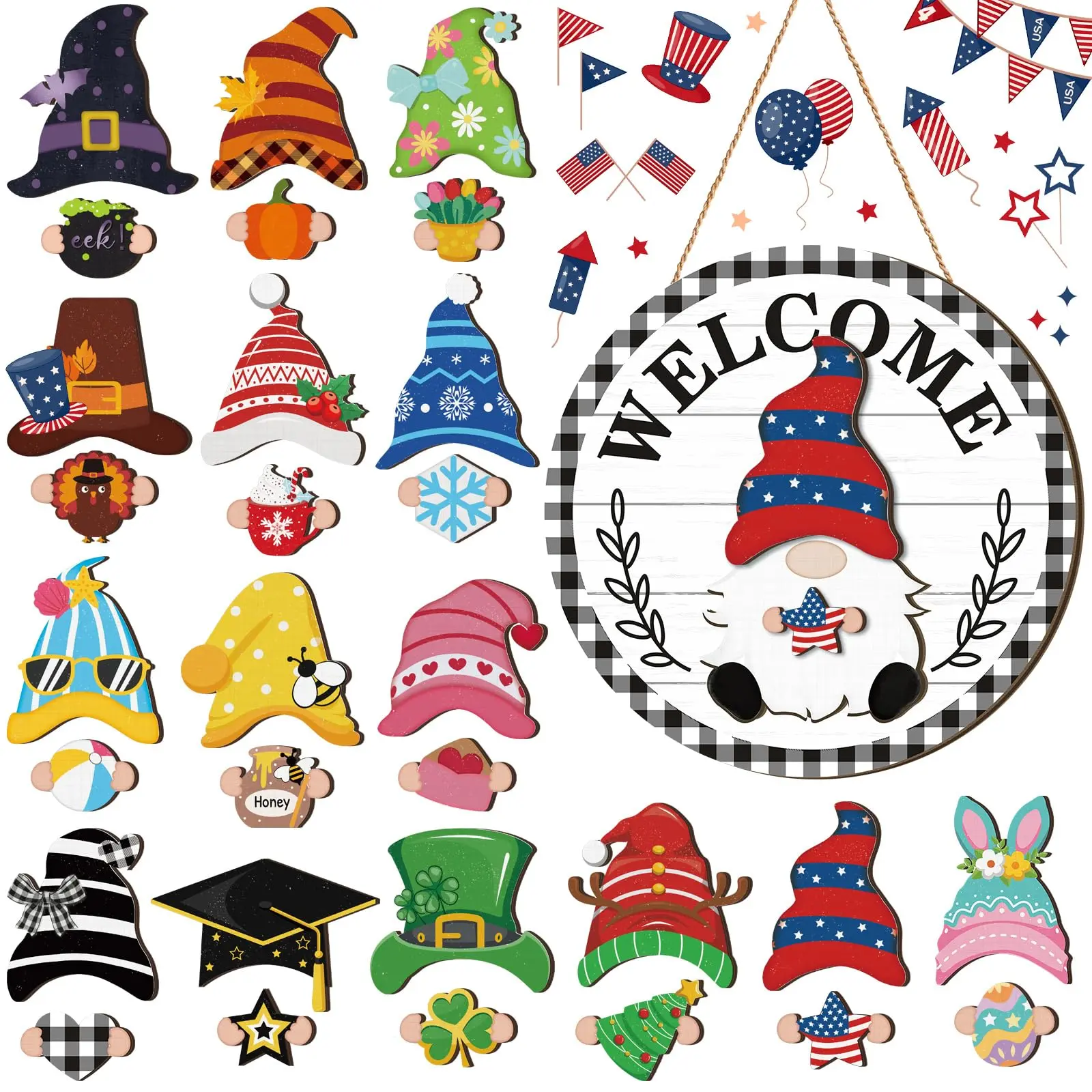 Interchangeable Gnome Welcome Sign, All-Season Magnetic Buffalo Plaid Round Wooden Hanging Sign for Front Porch Farmhouse Decor