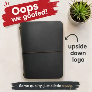 Oops - Our mistake upside down logo placement on back of Journal Soft Cover Notebook Travel Diary Notebook