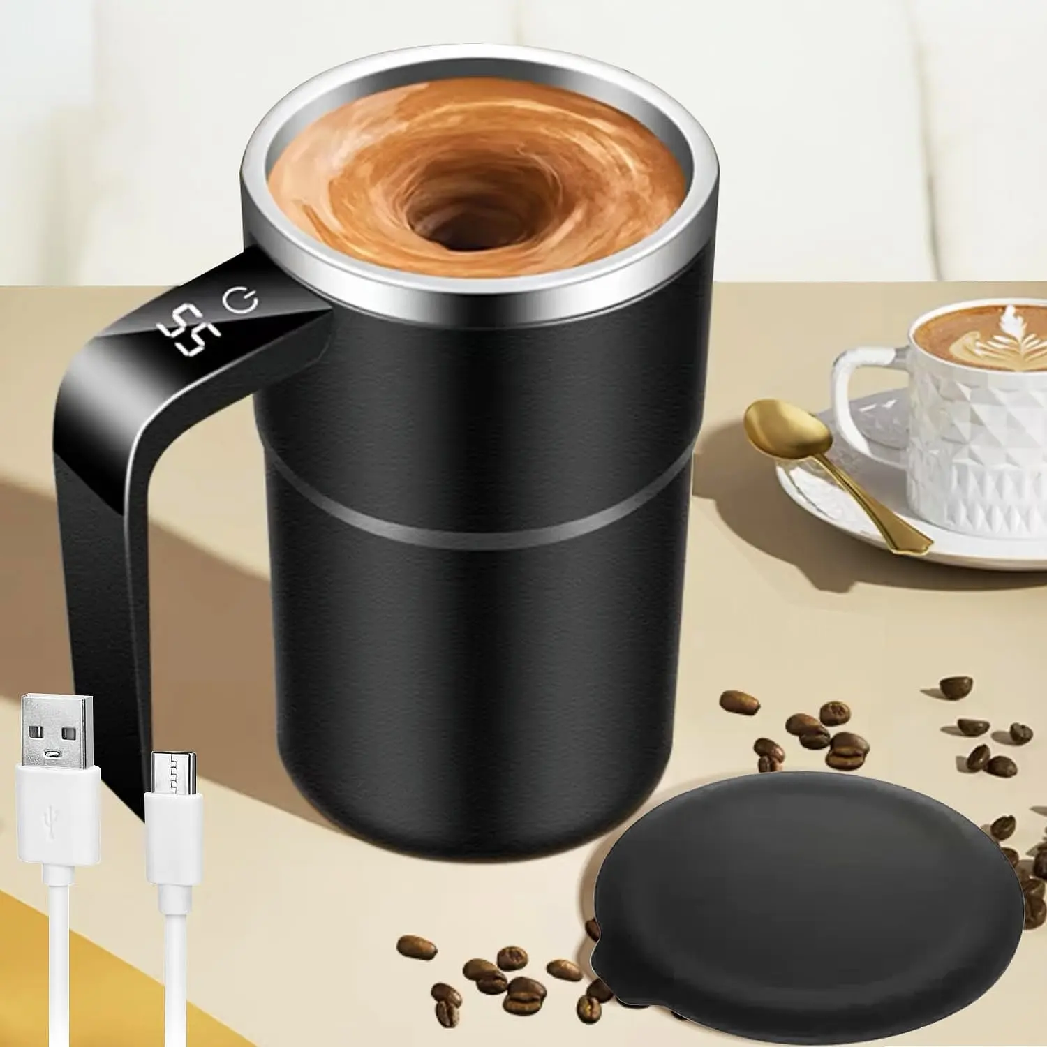 Stainless Steel Electric Auto-Stir Travel Coffee Tumbler - USB Rechargeable Magnetic Mixer Mug with Lid, Temperature Display, Compact ABS Reusable Washable Container, Coffee Lovers' Valentine's Day Gift