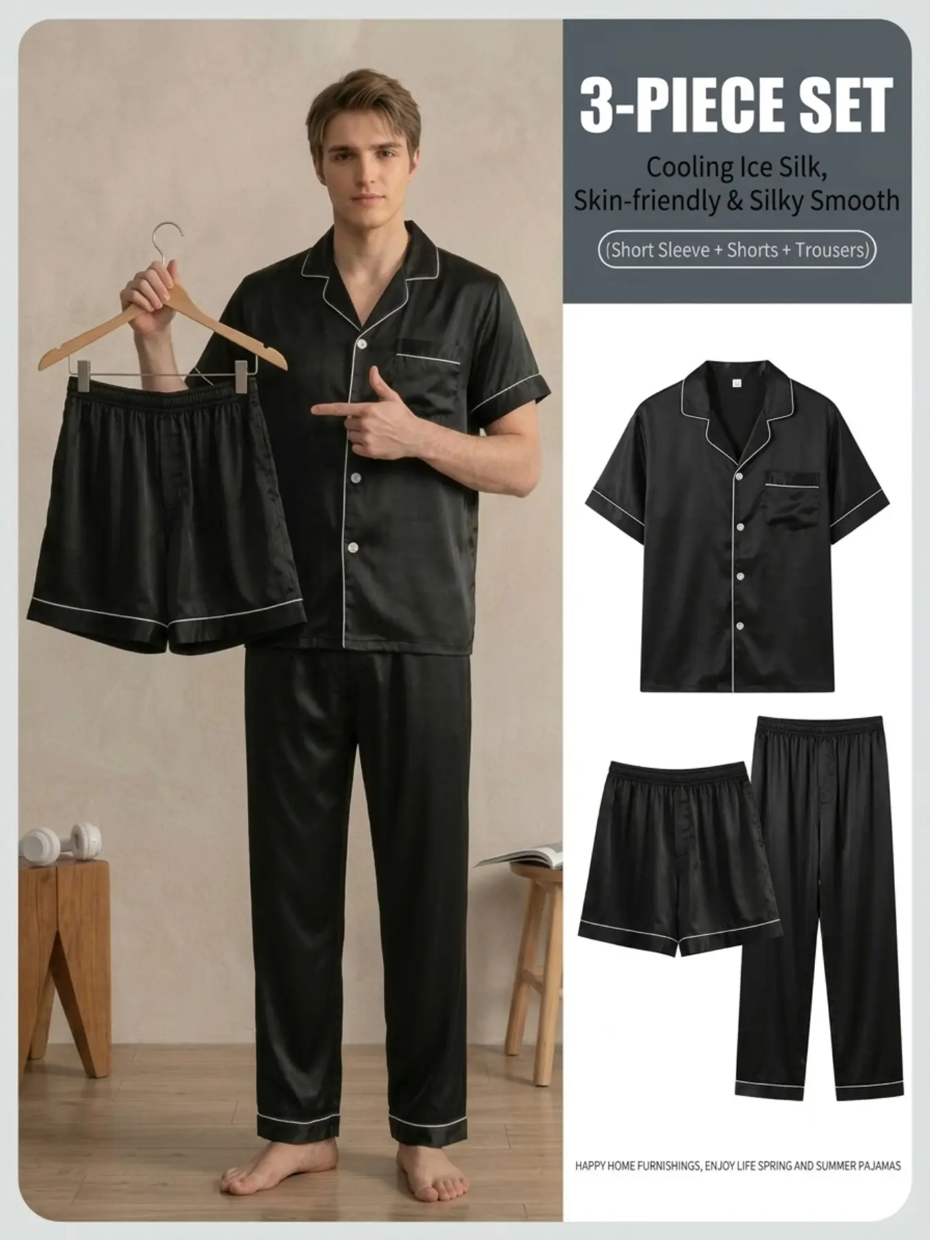 Men's Summer Thin Casual Sleepwear Loungewear Pajama Set, Short Sleeve + Shorts + Long Pants, Pure Color Ice Silk Comfort Home Wear