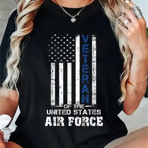 Women's Black Cotton Crewneck Short Sleeve T-Shirt - USA Flag Print, Veteran of the United States Air Force Design, 180g Lightweight Casual Top, Patriotic Women's Tee, Soft Breathable & Comfortable Fit, Military Appreciation Graphic fyrir Fashion