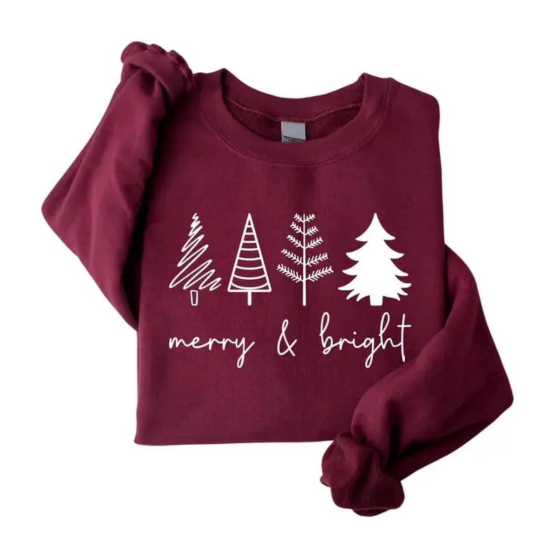 Merry & Bright Sweatshirt – Cute Christmas Tree Pullover – Holiday Crewneck for Winter, T-Shirt