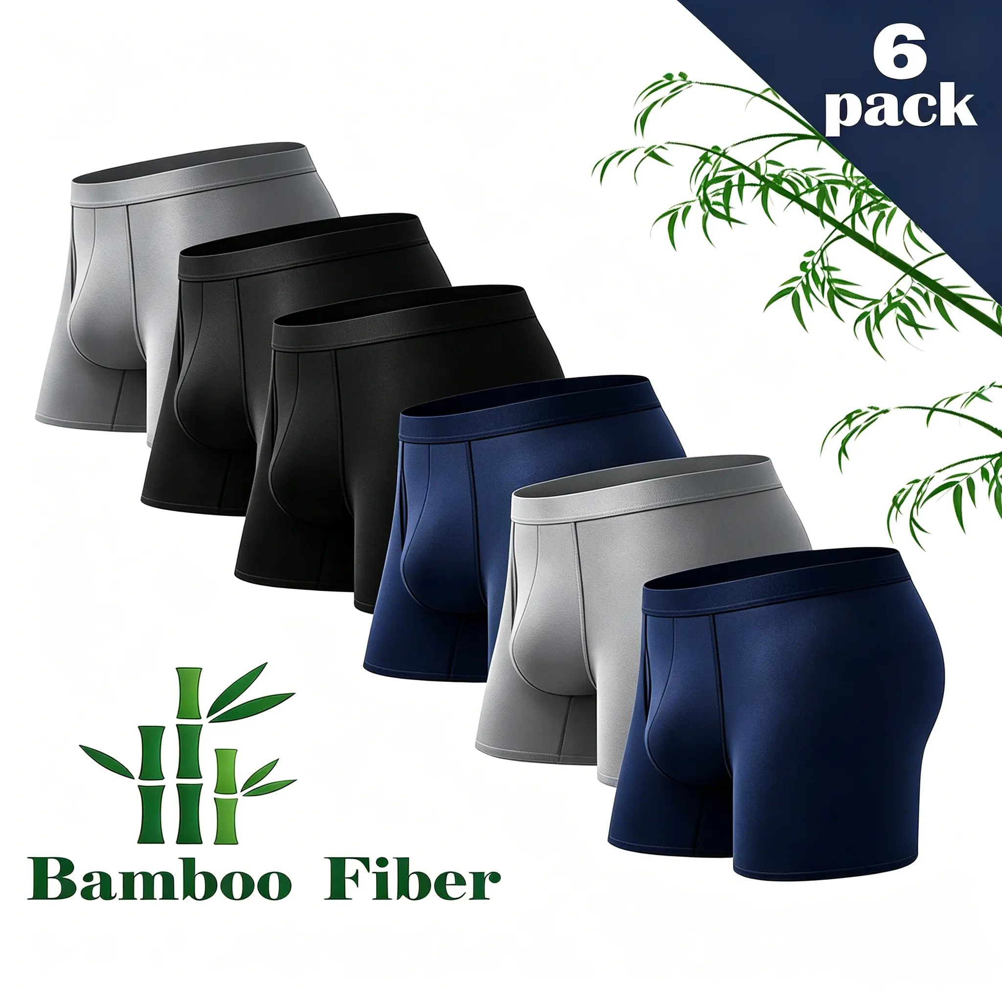 Men's 6-Pack Solid Bamboo Fiber Boxer Briefs - Soft, Breathable Athletic Underwear with No-Ride-Up Fit for All-Season Wear