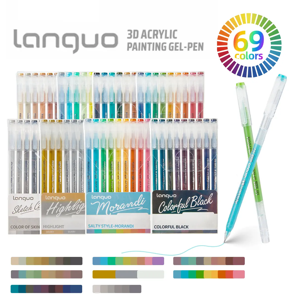 69-Pack 69-Color 3D Acrylic Painting Gel Pen Set - Morandi Palette, Black Glitter, Metallic Highlighters, Smooth Write, 3D Raised Texture, Technical Drawing Supplies, Office Stationery for Journaling, DIY Cards, Anime Sketching