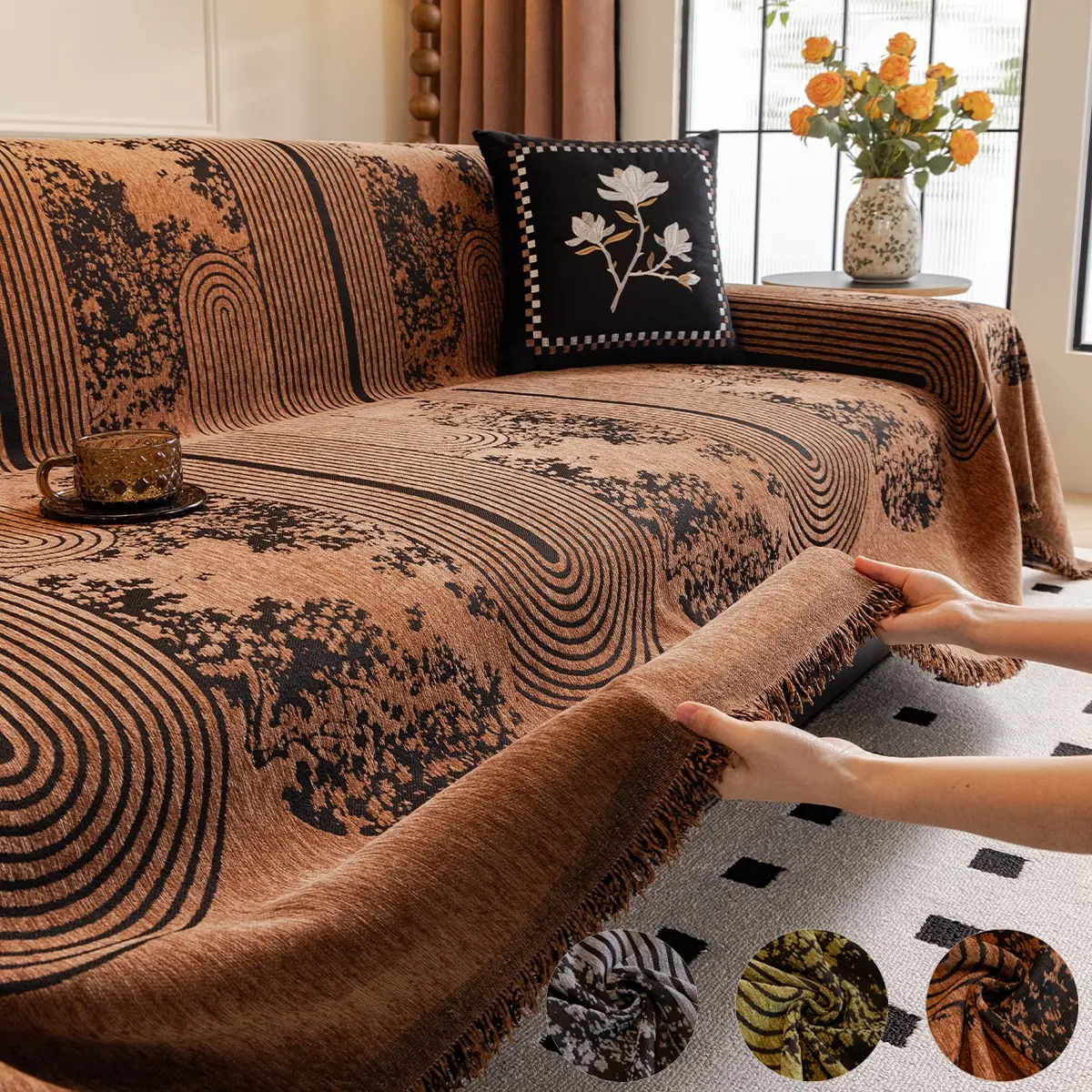 Geometric Floral Chenille Sofa Cover, All-Season Pet-Friendly Washable Couch Protector, Easy Clean Fabric, Fits Various Sizes & Styles, Soft Sofa Protector, Washable Couch Covers