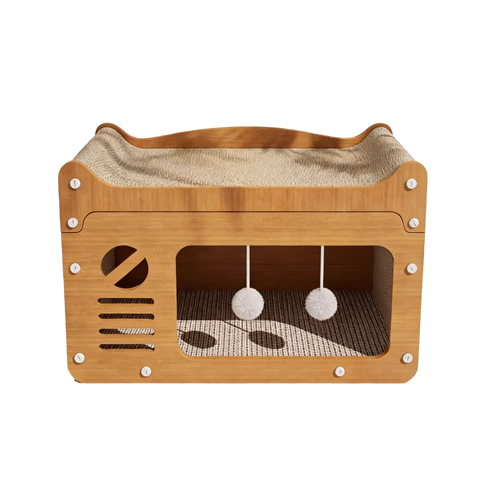 3-in-1 Cat Scratcher House with Bed & Play Balls, 22in Cardboard Cat Scratch Box, Anti-Tip Cat Lounge, Resting Hideaway & Scratching Pad for Indoor Cats