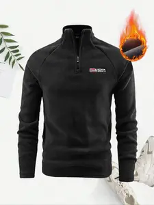 Men's Spring & Fall Solid Color Fleece Lined Pullover Sweatshirt, Half Zip Stand Collar Warm Top, Outdoor Casual Comfort, Casual Comfy Warm