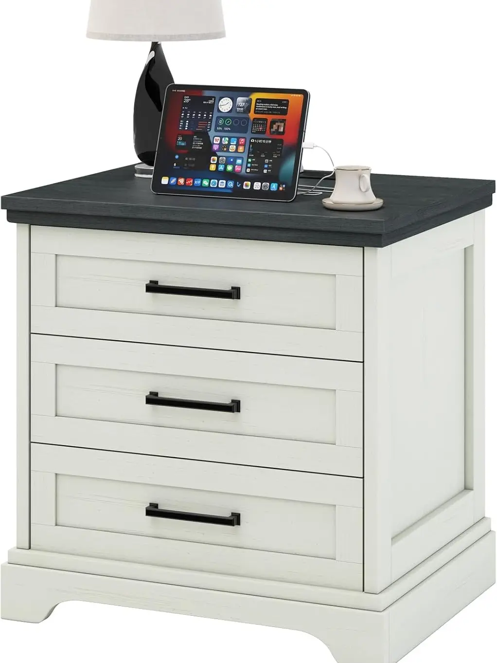 Farmhouse End Table with Charging Station, 23"W x 24"H Wood Side Table with 3 Drawers, Sofa Side Table with Outlets USB Type-C for Living Room Bedroom