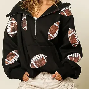 2025 New European and American Women's Football Sequin Hoodie Long Sleeve Zipper Shirt