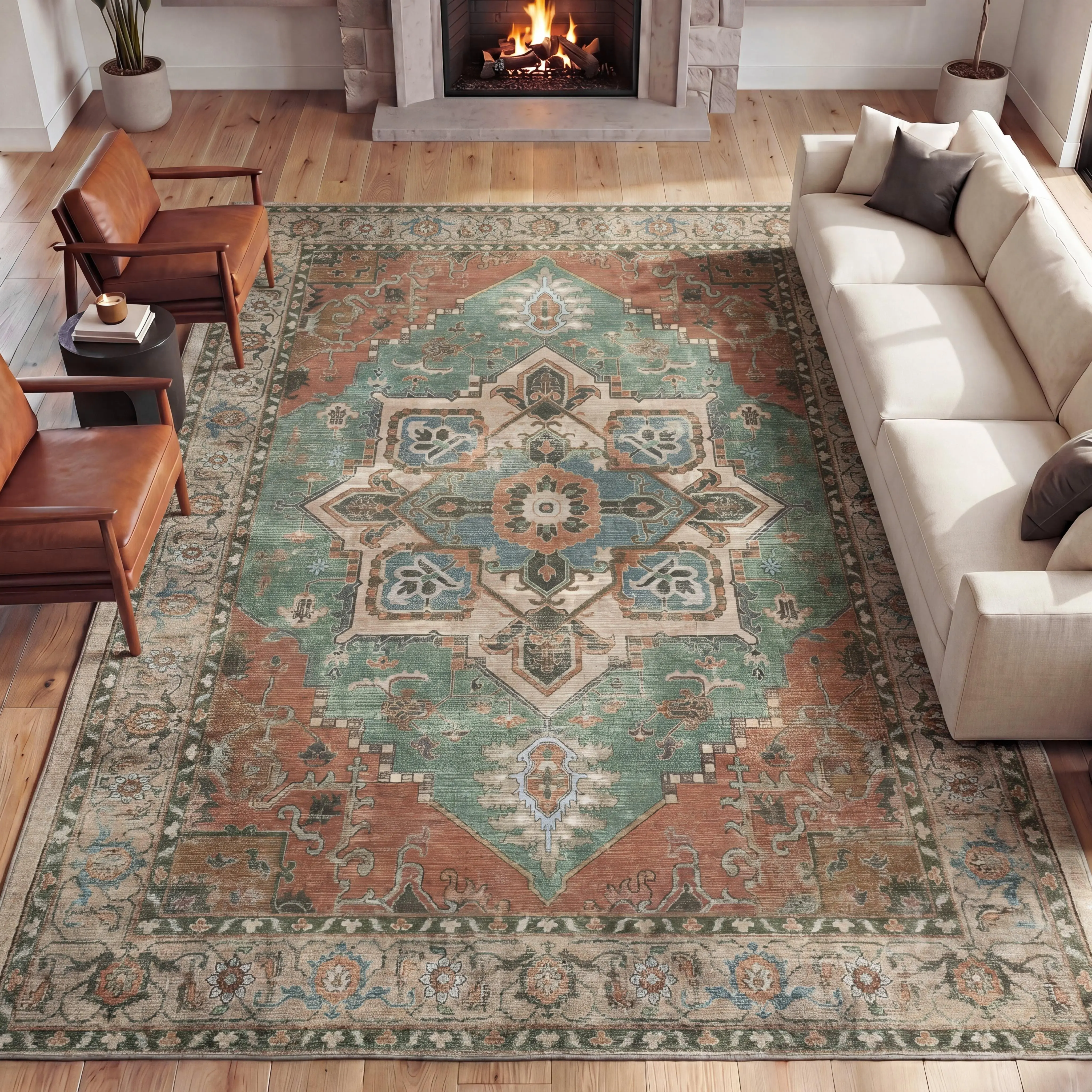 Sersi Ornate Large Medallion Border Non-slip Machine-washable Area Rug