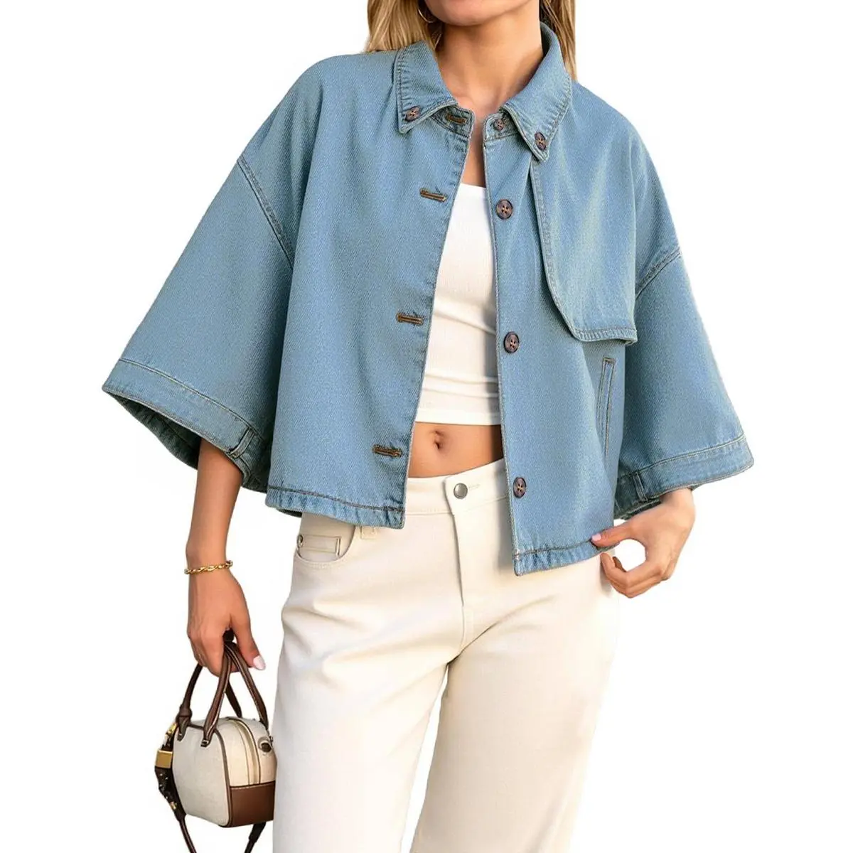 Lannew Womens Cropped Denim Jackets Casual Button Down Jean Shirt Shacket Loose 3/4 Sleeve Coat with Pockets LAICIGO