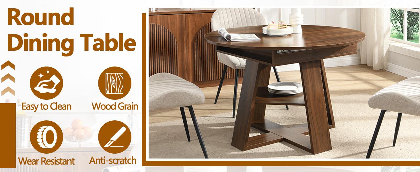 YunKiTech 43.3"–59" Inch Kitchen Dining Table for 4-6,Wood Kitchen Dinning Table for Dining Room Kitchen Living Room,Modern Rustic Style Large Round Table expandable