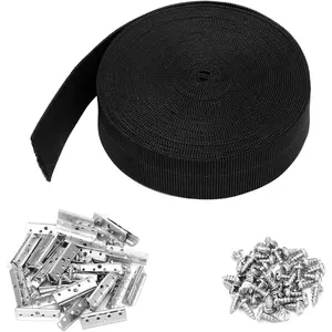 2 Inch Wide x 40 ft Chair Webbing Replacement Kit Upholstery Webbing Elastic Band to Repair Sagging Couch Chair Patio Furniture Metal Clips Patio Strap Repair Kit for Furniture(Black)