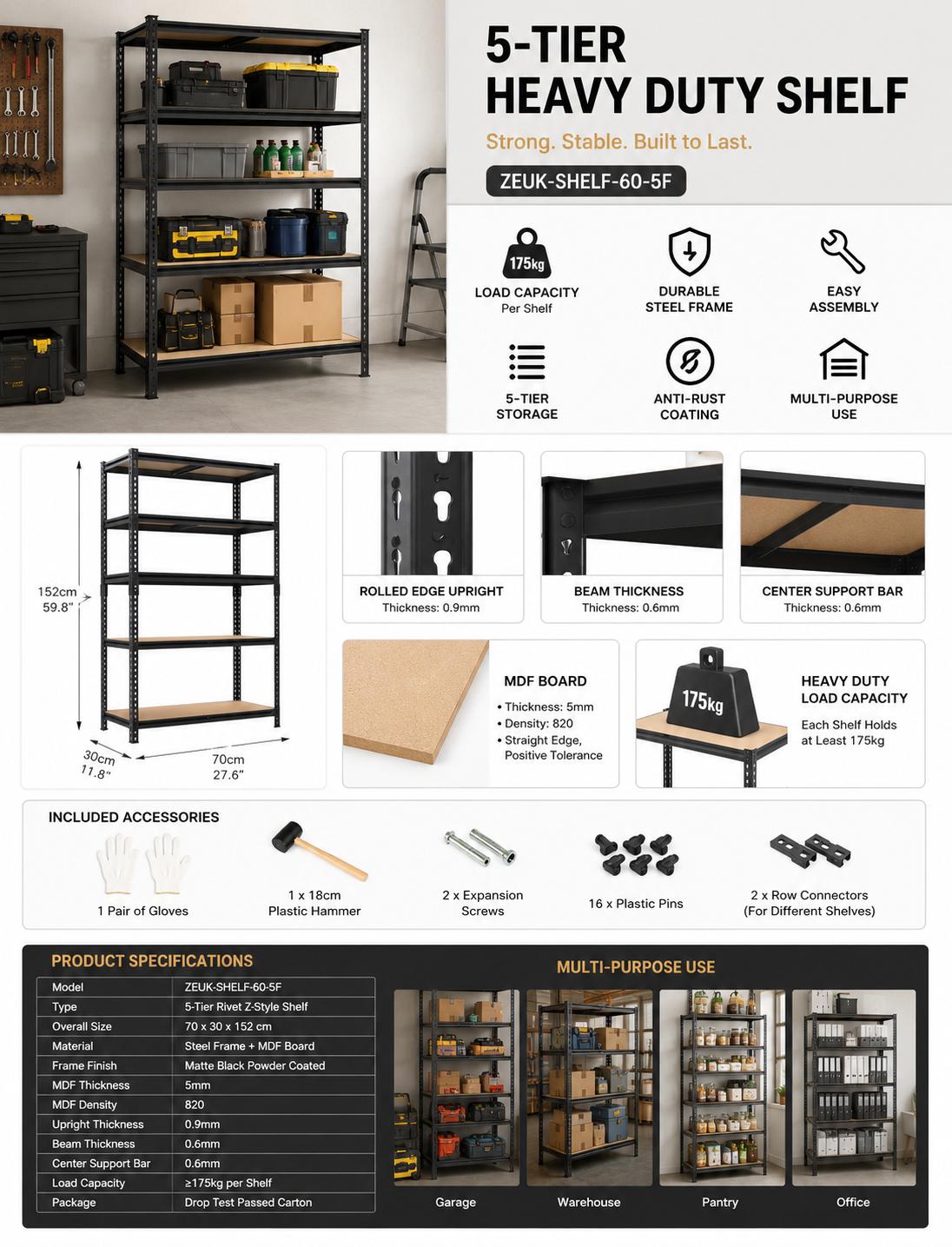 Zeukmxoo adjustable metal storage rack, natural wood particle board supports 385 lbs per layer, 5-tier shelf suitable for living room, basement, warehouse, pantry, closet, kitchen; 60 inches high x 27.5 inches wide x 12 inches deep
