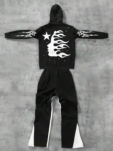 Men's Letter Print Zip Up Jersey Hoodie Jacket & Side Striped Drawstring Waist Sweatpants Two-piece Set, Regular Fit Casual Street Long Sleeve Pocket Hoodie & Flared Pants for Fall & Winter, Streetwear Men's Two-piece Outfits for Daily Wear