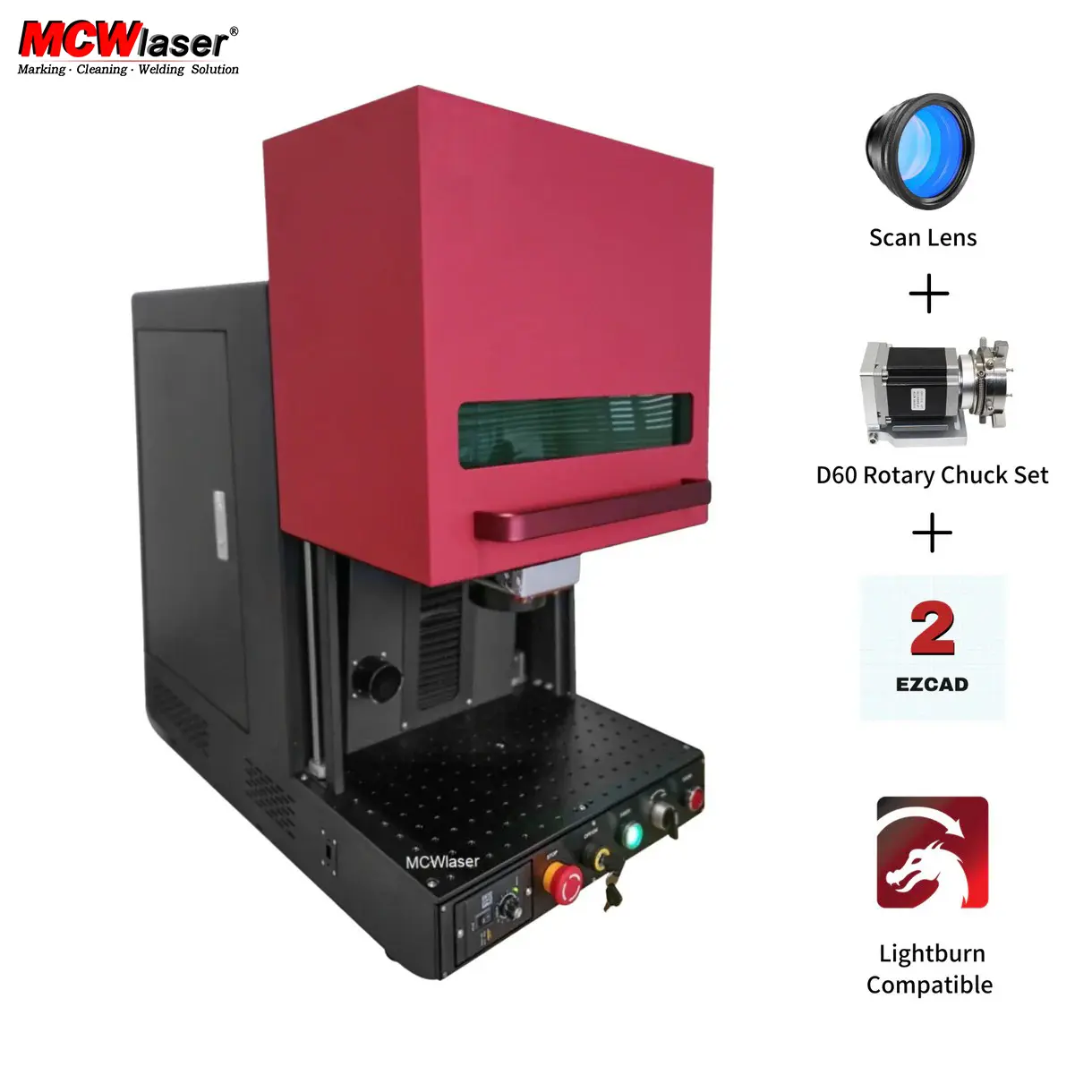 MOPA M7 Fiber Laser Engraver 100W with Rotary Chuck, Color Marking on Stainless Steel & Metal. Dual Red Dot Focus, EZCAD/LightBurn Compatible. MCWlaser MP Series.