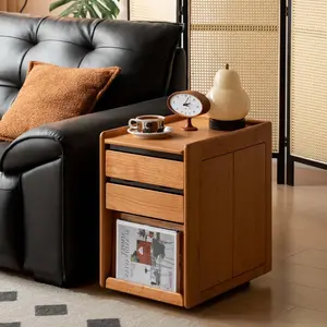 Wayshome Solid Cherry Wood Side Table with Wheels, Narrow Nightstand with Storage, Mid Century Modern Nightstands with 3 Drawers, Rolling Bedside Table for Bedroom Living Room Study(Natural, 22.76" H)