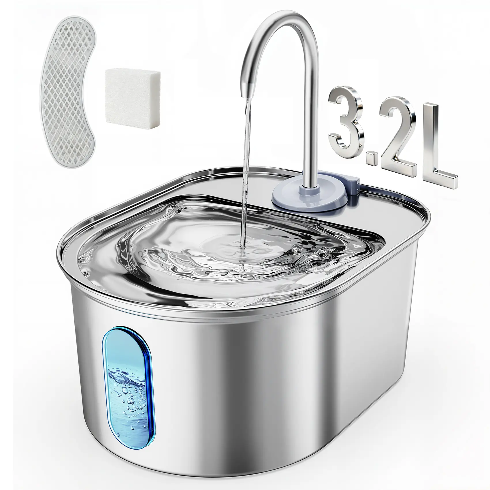 Stainless Steel Smart Automatic Cat & Dog Water Fountain - 108oz/3.2L Large Oval Bowl, Quiet Automatic Dispenser, Safe Auto Shut-Off, 1 Replacement Filter