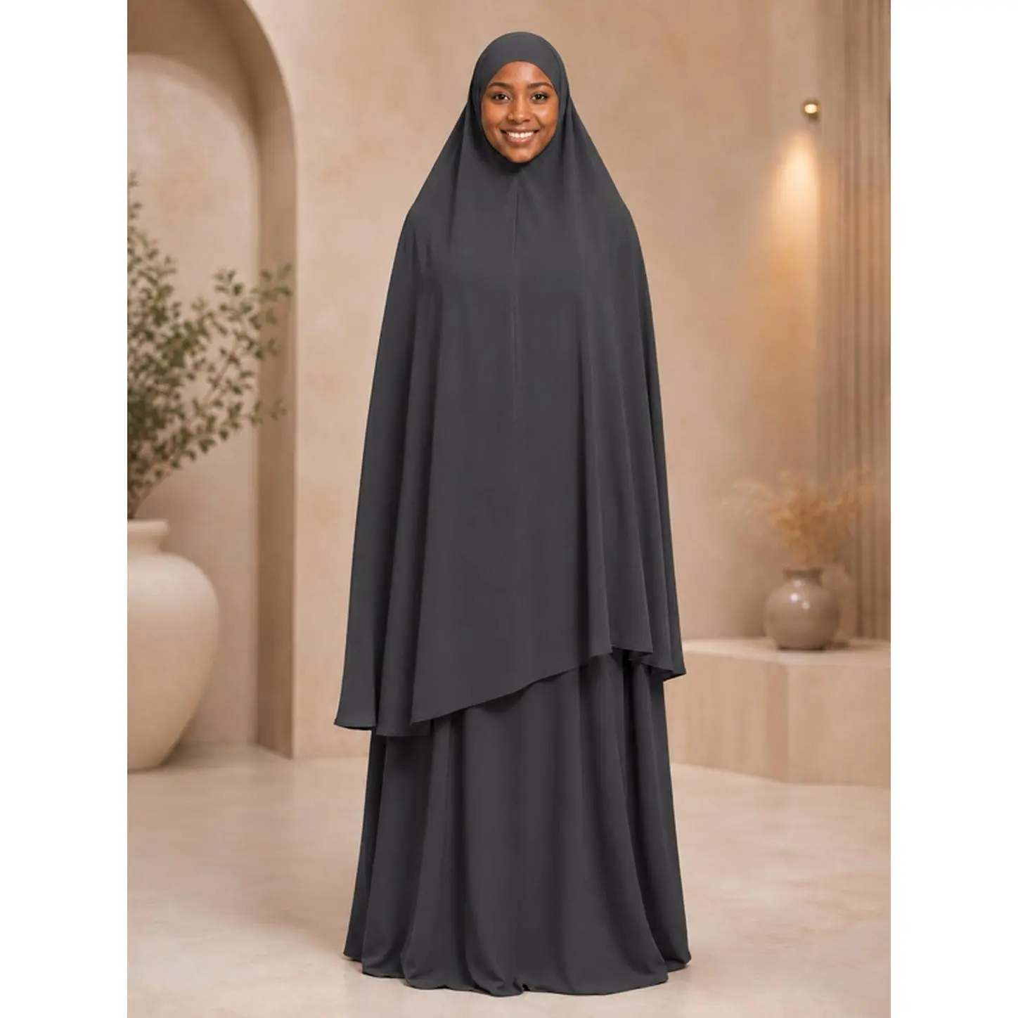 Dark Blue Two-Piece Matching Set Long Khimar with Generous Coverage Full-Length Flowing Dress Loose Comfortable Fit Simple Slip-On Design for Prayer and Everyday Wear